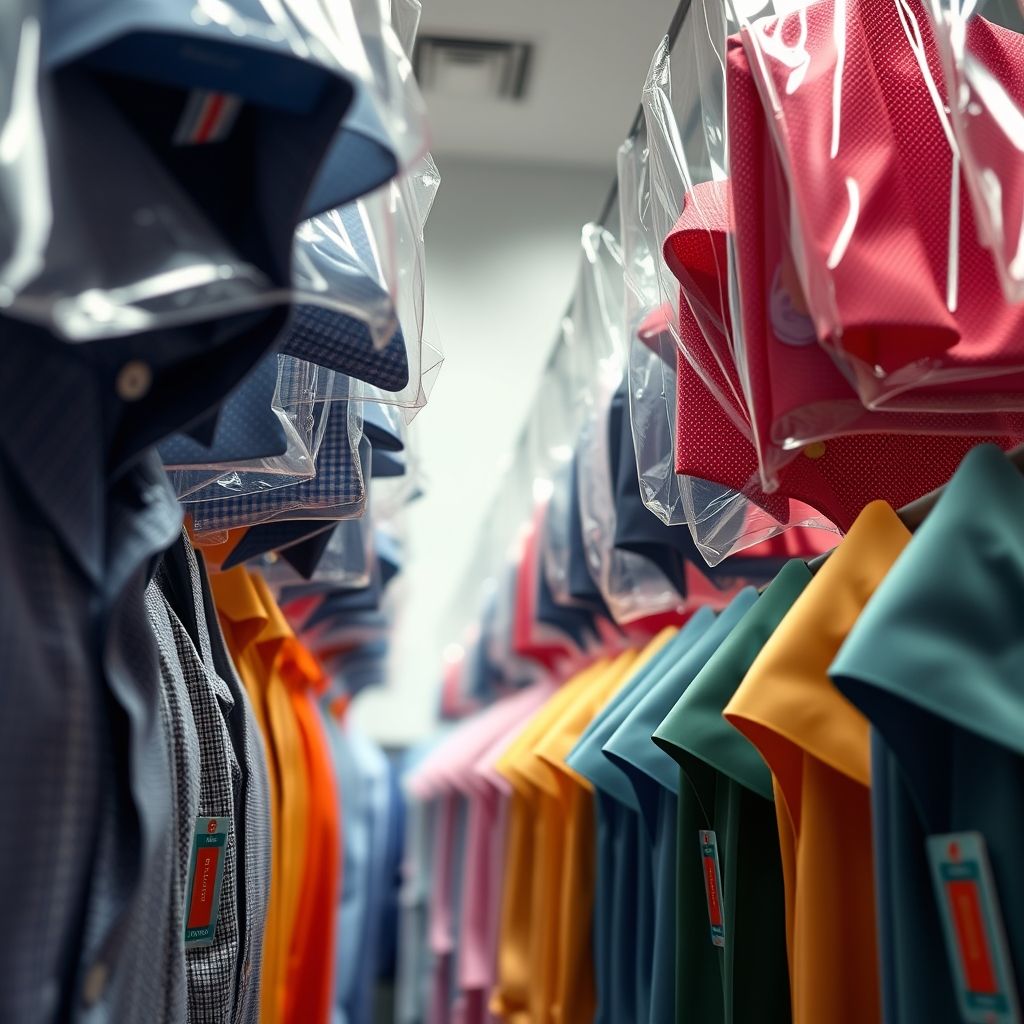 Une rangée ordonnée de chemises préssées, de couleurs et motifs variés, suspendues sous housses plastiques transparentes, dans un cadre professionnel lumineux. Chaque chemise est soignée, avec des étiquettes colorées indiquant les détails, prête à être livrée ou essayée, reflétant une mode élégante et raffinée.