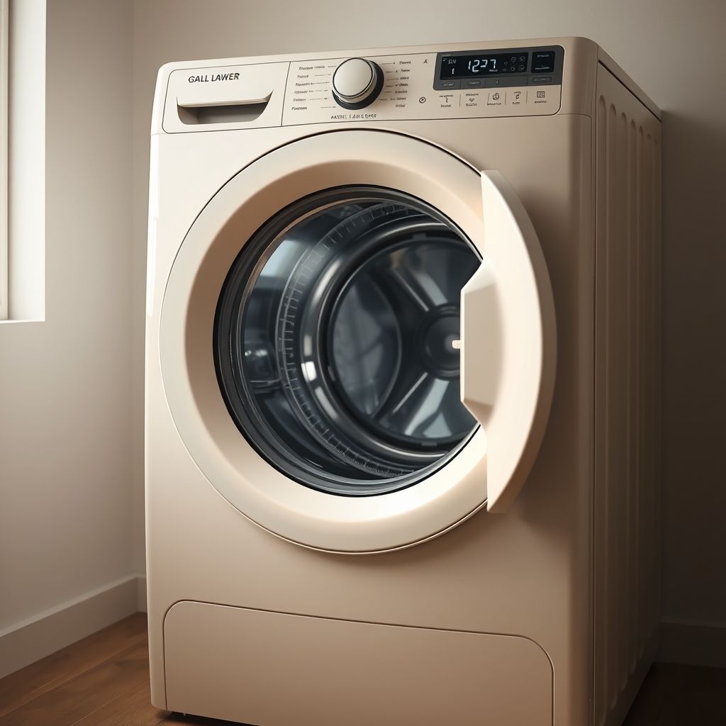 Une main sort d’une machine à laver moderne une couverture douce à franges, dans un cadre lumineux et soigné. La couverture beige contraste avec la porte circulaire brillante de la machine, reflétant un intérieur propre et ordonné. Cette scène transmet un sentiment de confort domestique et de soin au quotidien.
